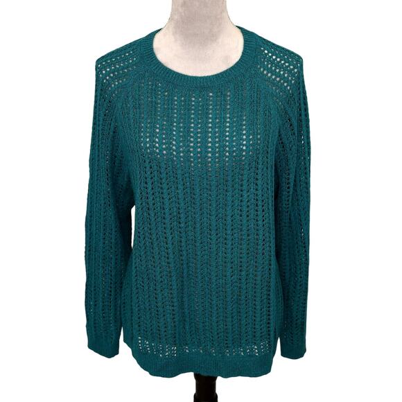 J Jill Sweater Womens Small Green Open Knit Stretch Raglan Sleeves Pullover - Picture 1 of 11